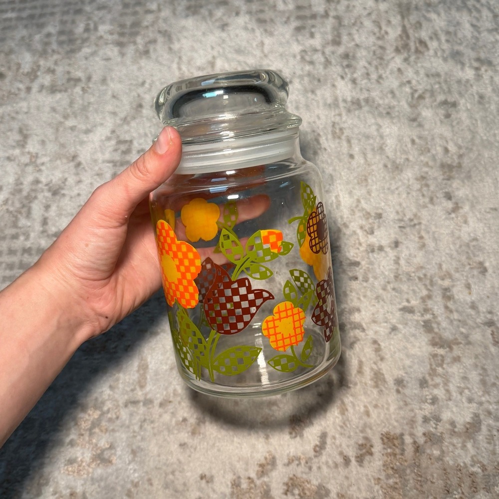 1970s Inspired Orange Floral Glass Canister Kitchen Counter Decor Jar